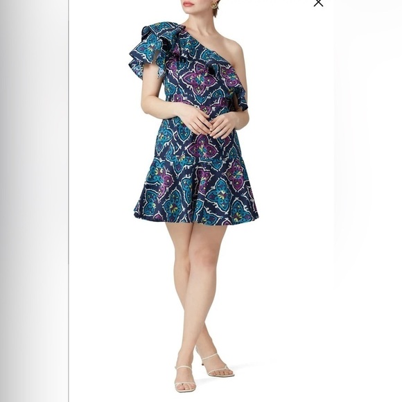 Josie Natori Festive Blue Paisley Retro Floral One Shoulder Women 4 Ruffle Dress - Picture 1 of 14